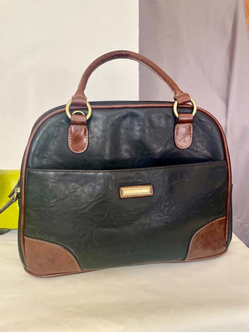 Croft & Barrow Black Brown Leather Bowling Bag Satchel Purse